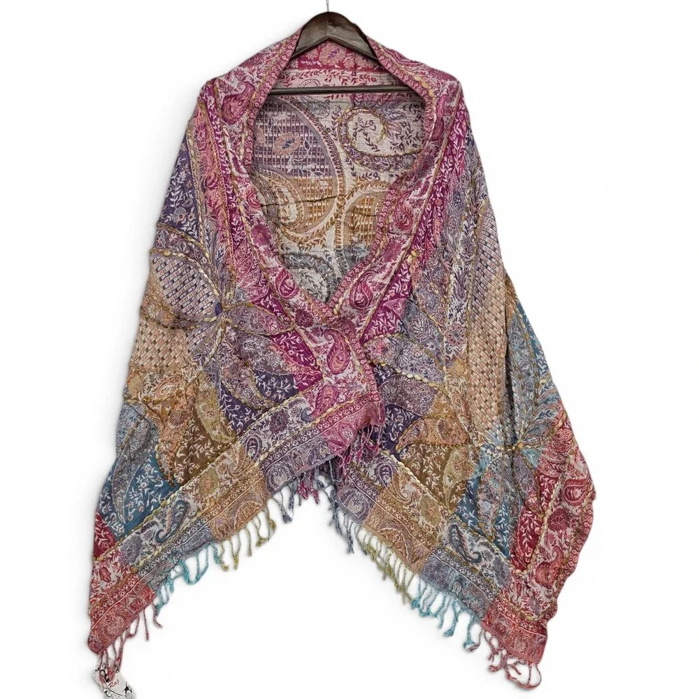 Raj Patchwork Paisley Ruana Kimono Fringe Wrap Boho Festival NWT One Size